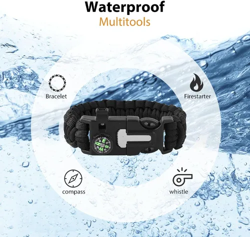 Vista 5 de Pulseras Oadnfa, pulseras de supervivencia para hombres, kit de equipo táctico de paracord de 5 en 1 para acampar, con cuerda de paracaídas