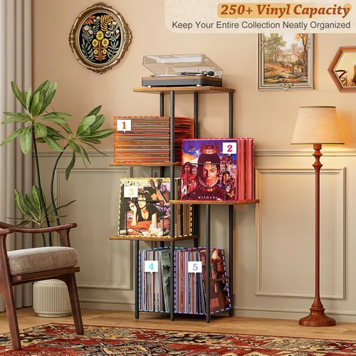 Vista 3 de Soporte para Tocadiscos, Soporte de Almacenamiento de Discos de Vinilo con Estante de Exhibición, Mesa de Soporte para Tocadiscos con Divisores