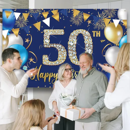 Vista 3 de Telón de fondo de decoración de cumpleaños 50 para hombres, decoraciones de feliz cumpleaños 50 para hombres, fondo azul para fotografía