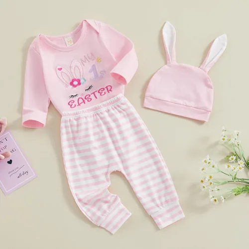 Vista 6 de Traje de Pascua para bebé recién nacida, mameluco de conejo, mameluco de conejo, pantalones largos a rayas, sombrero de conejo, conjunto de ropa