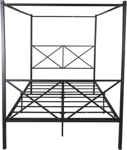 Vista 3 de Cama con dosel de metal, con plataforma de 4 postes de Coner con cabecera entrecruzada y estribo, tamaño Queen