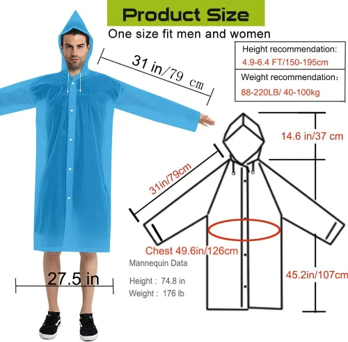 Vista 41 de Abrigos de lluvia (paquete de 2) – Ponchos de lluvia reutilizables de EVA para adultos, chaquetas impermeables para hombres y mujeres
