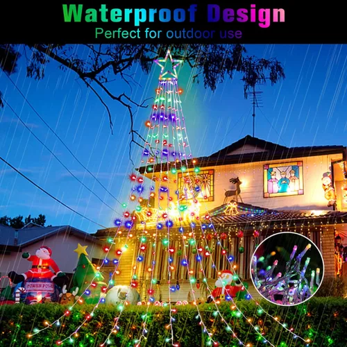 Vista 4 de Decoraciones Navideñas para Exteriores Luces de Cadena de Estrellas, 317 LED 11.5 pies Luces de Árbol Cascada Impermeables con 8 Modos de Varios