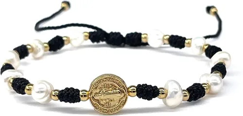 Vista 5 de Cultured Freshwater Pearl Bracelet With St Benedict Medal on Adjustable Red String for Women