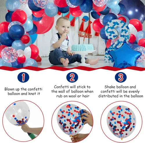 Vista 5 de 145 globos de color azul marino y plateado y 142 globos rojos, blancos y azules para cumpleaños, béisbol, temática náutica, fiesta, fiesta