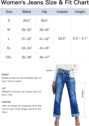 Vista 7 de PLNOTME Pantalones de mezclilla de cintura alta para mujer, pierna recta, elásticos, casuales, con puños
