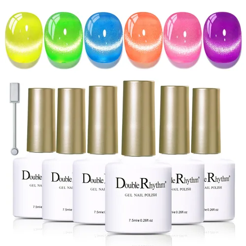 Vista 23 de Double Rhythm Juego de esmaltes de gel de ojo de gato, 6 colores, purpurina brillante con imán, holográfico, reflectante, magnético, UV, kit de arte