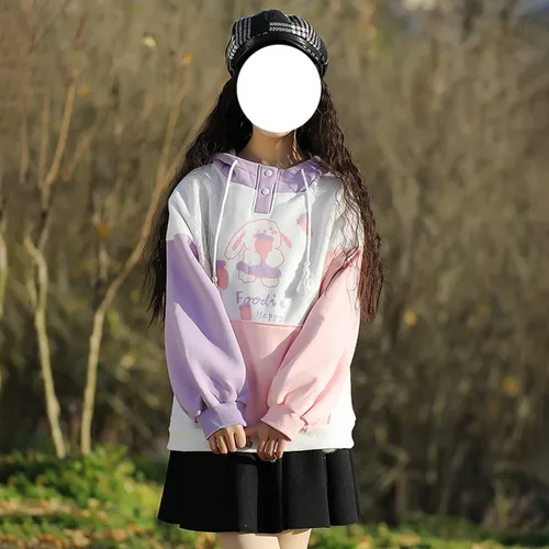 Vista 4 de Sudadera con capucha y diseño de conejito para adolescentes y niñas, de algodón kawaii, con dibujos animados japoneses