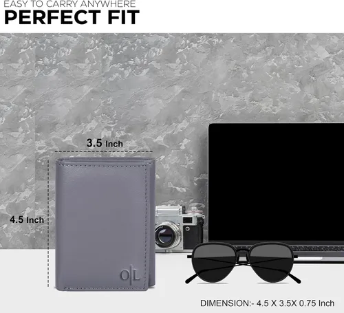 Vista 4 de Billetera triple de cuero real para hombre, billetera RFID delgada, 9 tarjetas de crédito, 2 compartimentos de identificación, regalo para hombres