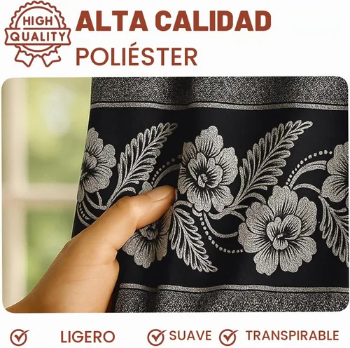 Vista 3 de YHSF Cortinas Jacquard de 2 paneles con cenefa y alzapaños, negro, 54x84