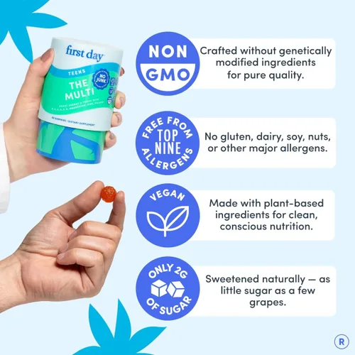 Vista 7 de FIRST DAY Vitaminas para Adolescentes - Multivitamínico para Niñas y Niños de 12 a 17 años, Mezcla Orgánica de Frutas y Vegetales - 12 Nutrientes