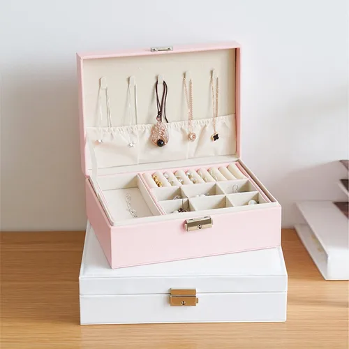 Vista 6 de Joyero organizador para mujeres y niñas, 2 capas grandes para hombre, estuche de almacenamiento de joyas de piel sintética con bandeja extraíble