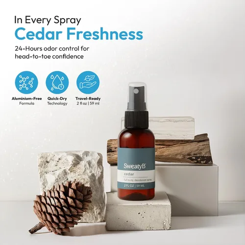 Vista 2 de SweatyB® Spray desodorante de cuerpo completo, no irritante, sensible a la piel, para mujeres y hombres, fabricado en Estados Unidos, cedro, 2