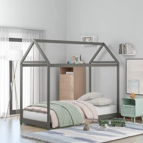 Vista 9 de Merax House Bed Twin Size Wood Bed Frame with Roof and Fence for Girls, Boys, Weight Capacity No Limit (Espresso)