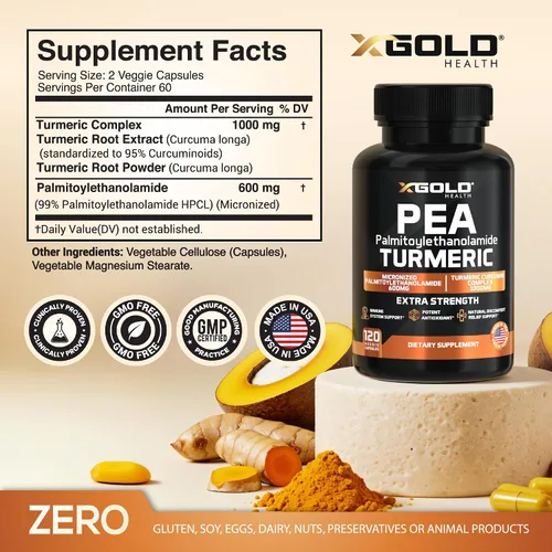Vista 2 de Palmitoiletanolamida de guisante + curcumina de cúrcuma de 1600 mg - Guisante micronizado 99% puro y 95% curcuminoides de extracto estandarizado
