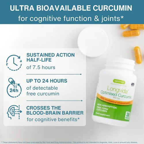 Vista 2 de Longvida - Curcumina optimizada de 500 mg, ultra biodisponible y acción sostenida, vegana, 30 cápsulas 'Free' curcumin with sustained release