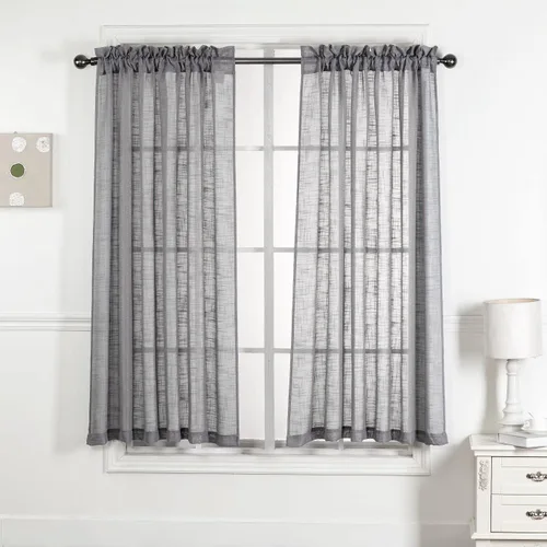 Vista 9 de 2 piezas de cortinas de aspecto de lino sólido y elegante, paneles totalmente cosidos, niveles de tratamiento de ventanas