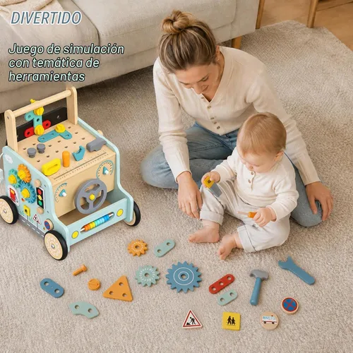 Vista 6 de Andador de madera para bebé con herramientas de banco de juguetes para Centro de actividades Montessori 9 en 1 juguete para niños que aprenden a