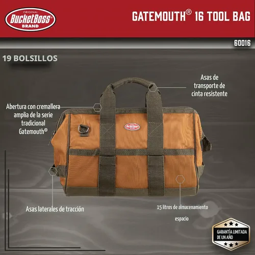 Vista 2 de Bucket Boss Gatemouth 16 - Bolsa de herramientas en color marrón, 60016, 15 litros (marrón)