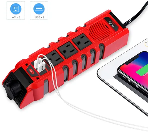 Vista 7 de Inversor de corriente para automóvil de 150 W, convertidor de CC de 12 V a 110 V CA con 3 salidas de CA, 2 cargadores rápidos, 4.8 A, puertos USB