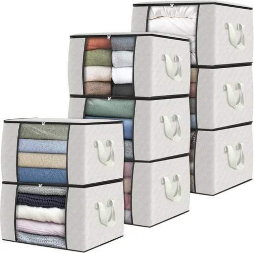 Vista 63 de Fab totes Paquete de 3 bolsas de almacenamiento plegables de tela gruesa, contenedores para organizar dormitorio, armario, ropa, edredón, Beige