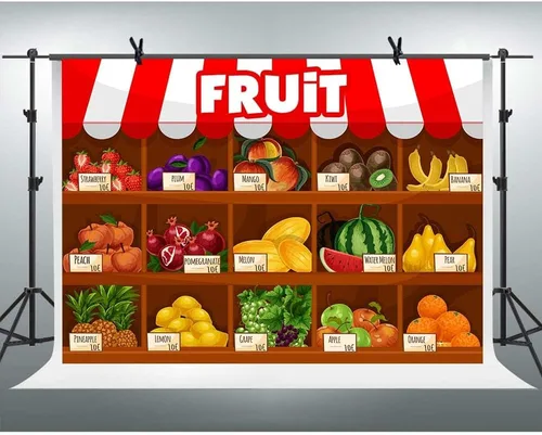 Vista 3 de Fondo de supermercado de frutas Exposición de frutas de verano Temporada de cosecha Uvas de fresas Fondo de cabina de fotos Fondo de decoración