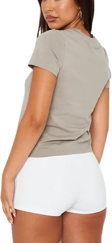 Vista 4 de Camiseta básica de manga corta para mujer, estilo Y2K, cuello redondo, ajustada, lisa, ajustada, para salir