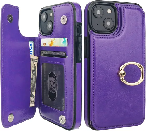 Vista 11 de ONETOP Funda tipo cartera para iPhone 13 con soporte para tarjetas, anillo de rotación de 360°, bloqueo RFID, doble cierre magnético, a prueba