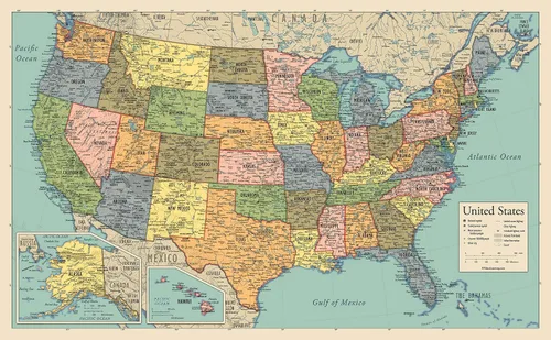 Vista 11 de Póster laminado de mapa de Estados Unidos, gráfico de pared de mapa de EE. UU., fabricado en los Estados Unidos [negro]