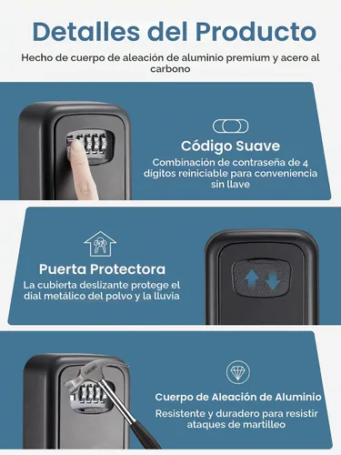Vista 4 de Caja de seguridad Puroma para llaves, caja de seguridad impermeable con combinación de 4 dígitos, montaje en pared, gran capacidad, para exteriores