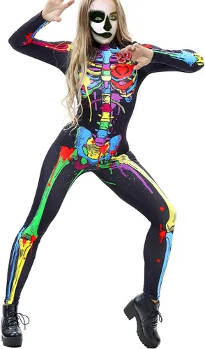 Vista 4 de Fixmatti Disfraz de Fiesta de Halloween para Mujer Mono de Manga Larga con Estampado de Calavera Varios