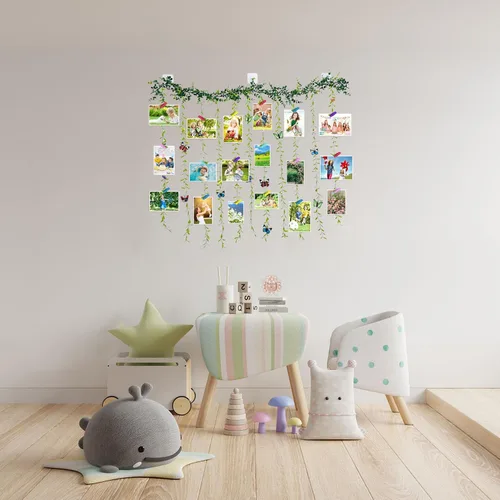 Vista 7 de Expositor de fotos para colgar en la pared con clip, juego de collage de marcos de fotos de hojas de árbol de vid artificiales con 40 clips y 8
