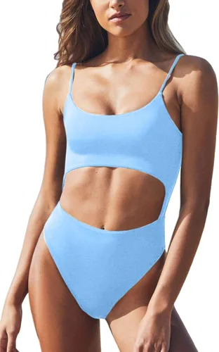 Vista 3 de Meyeeka Monokini con cuello redondo para mujer parte delantera de encaje corte alto una pieza