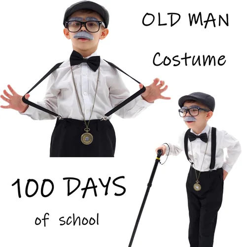 Vista 2 de Aimeiar Kids 100 Days of School Costume for Boys - Halloween Old Man Costume Hat Glasses and Grandpa Vest Set for Child