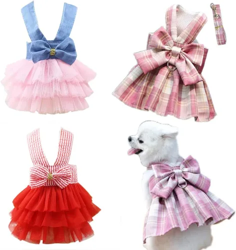 Vista 5 de Ropa para perro, arnés y vestido, paquete de vestidos Yorkie para niña, vestido rosa, trajes azules, lindo juego de correa, talla XS