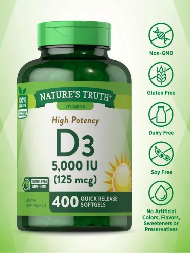 Vista 3 de Nature's Truth Vitamina D3 5000 UI cápsulas blandas 400 unidades Alta potencia Suplemento sin OMG y sin gluten