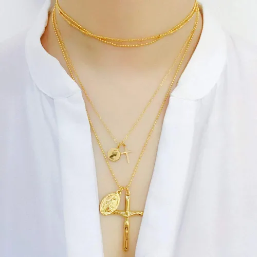 Vista 6 de Collar con colgante de cruz de crucifijo en el bautismo de la Virgen María católica cristiana para mujeres y niñas, delicado acero inoxidable
