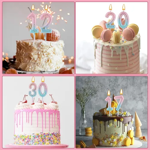 Vista 7 de Vela de letras con número de cumpleaños en degradé, velas de cumpleaños degradadas color rosa y azul para tartas