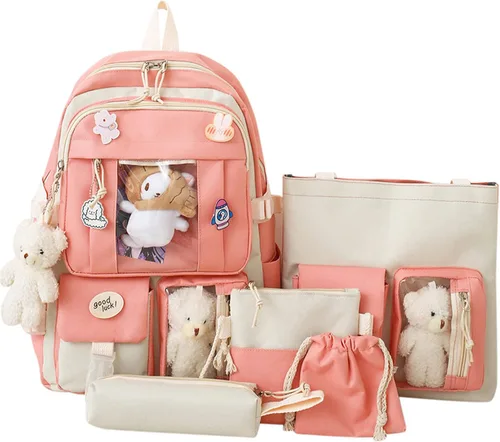 Vista 9 de Mochila escolar estética kawaii, juego de 5 piezas con bonitos pines colgantes de oso, mochila pequeña para laptop, kit esencial Verde