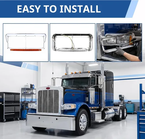 Vista 6 de High Soar 2x Bisel de Faro con Luz LED de 12" Cromada Lado del Conductor y Pasajero LH y RH Repuesto para Luz 4x6 para Camiones Kenworth T400 T600