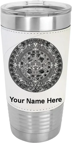 Vista 8 de LaserGram Vaso aislado al vacío de 20 onzas, calendario azteca, grabado personalizado incluido (piel sintética, estilo béisbol)