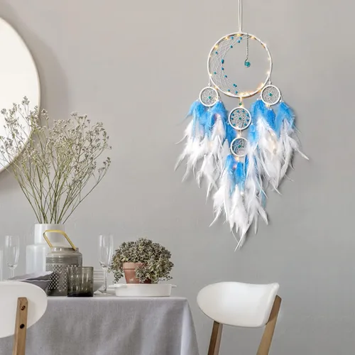 Vista 6 de KHOYIME Atrapasueños LED con luz de medio círculo con luna, luces, plumas hechas a mano, atrapasueños para dormitorio, decoración bohemia