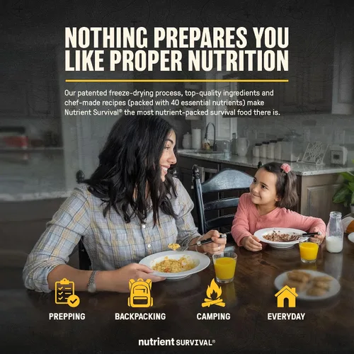 Vista 6 de Nutrient Survival Cereales MRE, crujientes de grano de chocolate (12 porciones), suministros de preparación liofilizados y suministro de alimentos
