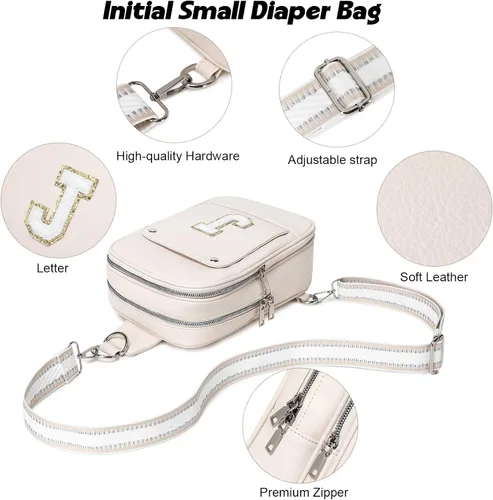 Vista 6 de MYHOZEE Bolsa de pañales pequeña con inicial para mujer, con dispensador de toallitas, mini mochila para pañales para mamá, bolso bandolera