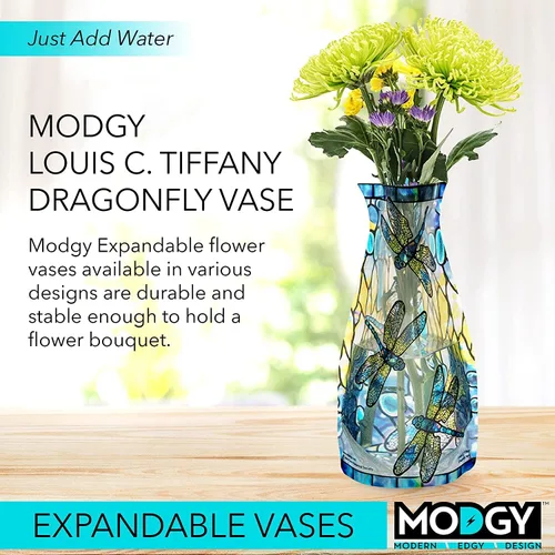 Vista 2 de MODGY - Florero de plástico plegable y expandible, irrompible, plegable, centros de mesa modernos, decoraciones de mesa, Louis C. Tiffany Dragonfly