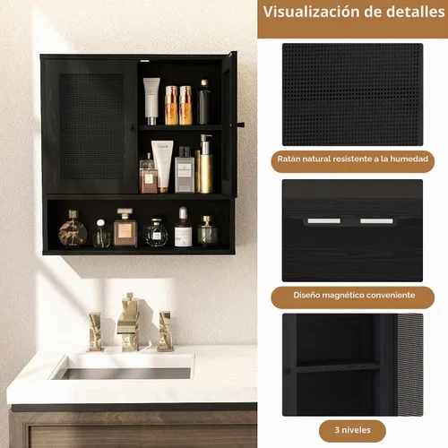 Vista 6 de Gabinete de pared del cuarto de baño, botiquín de la rota montado Ratán negro