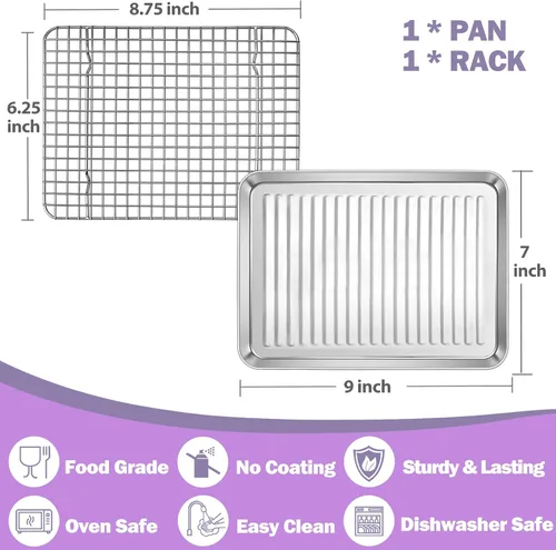 Vista 2 de P&P CHEF Bandeja para horno tostador con rejilla de alambre, bandeja para hornear de acero inoxidable, bandeja para tocino y rejilla de enfriamiento