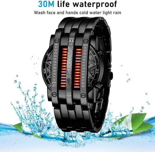 Vista 6 de Binary Matrix Blue led - Reloj Digital para hombre, moda clásica y creativa, color negro chapado