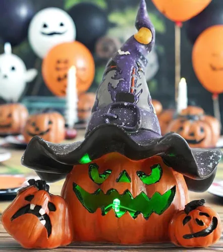 Vista 6 de Hodao Decoraciones de calabaza de Halloween con luz, sombrero de bruja hecho a mano, adornos de calabaza para decoración de Halloween, decoración