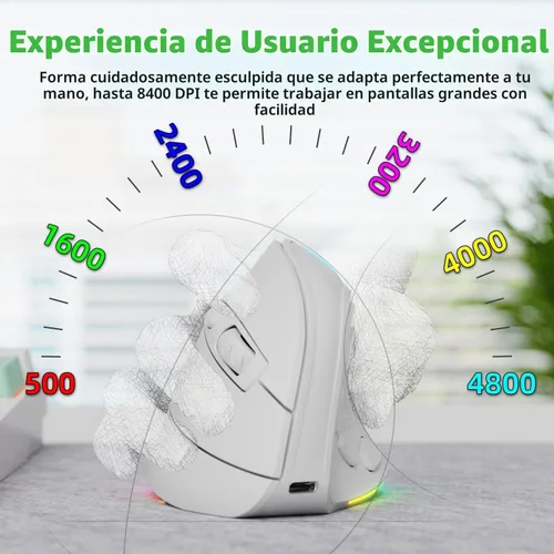Vista 5 de Ratón ergonómico vertical inalámbrico recargable RGB de 2.4G y BT 5.1, 5 botones laterales, máximo 8400 DPI, para PC, portátil, para Windows 11 10